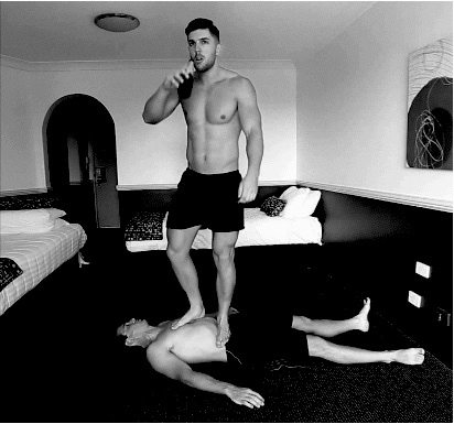 piledriveu:  knocks him out in a hotel match……then pins him by standing on his