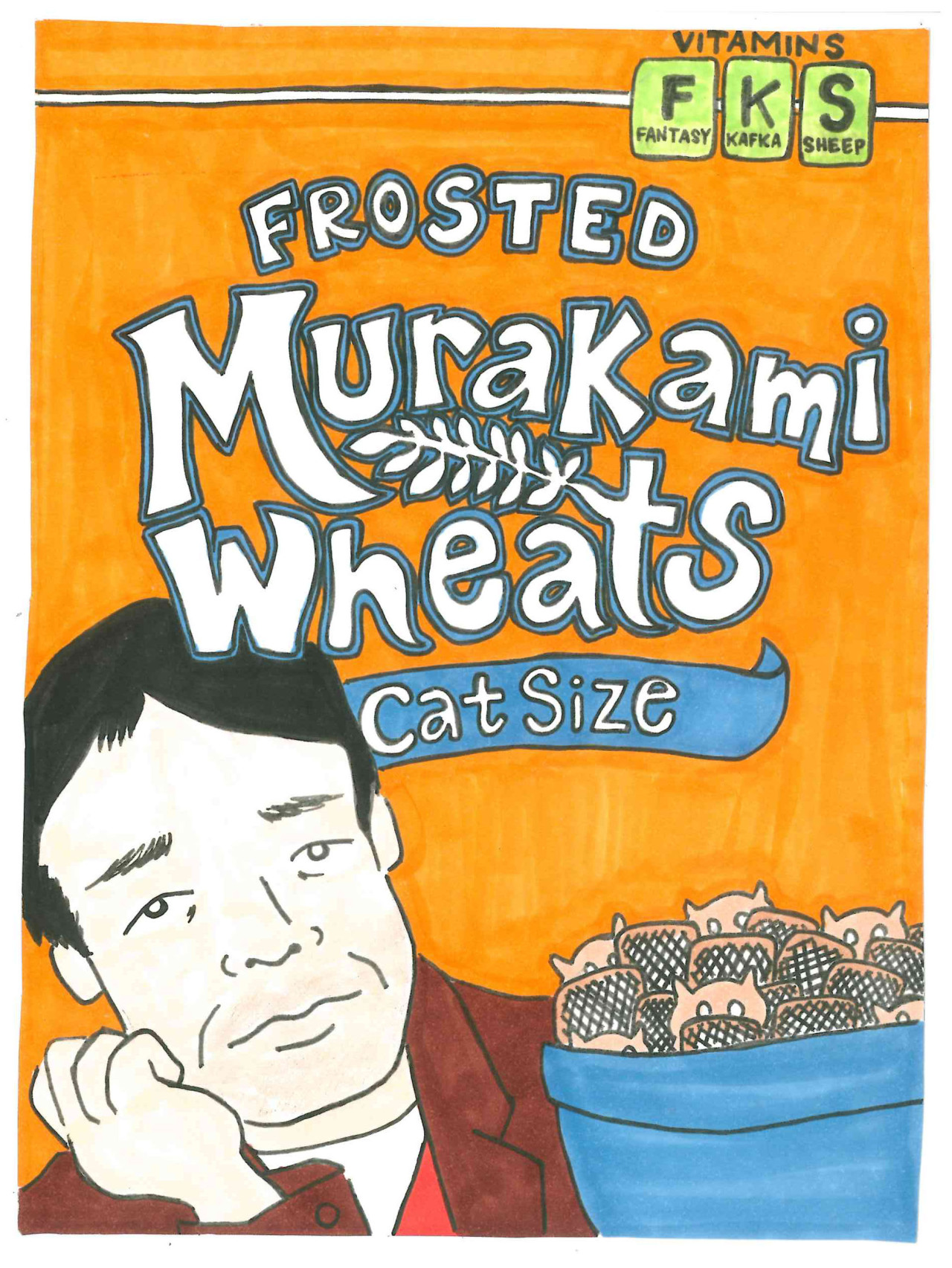 lastnightsreading:
“aaknopf:
“kategavino:
“Authors as Breakfast Cereal Mascots by Kate Gavino
”
Cat Sized Frosted Murakami Wheats!!
”
Never underestimate the amount of time I spend thinking about author name puns.
”
