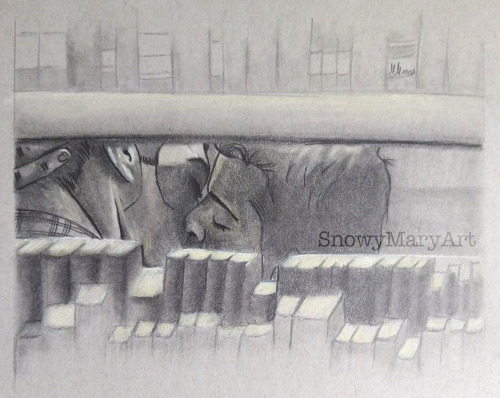 snowymary:Library Hours. 2021. Pencil, white and pale yellow coloured pencils on grey paper, A5.“Sam