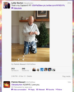 blackamazon:thegoddamazon:wolfpax:    Twitter exchange of the day: Geordi La Forge and Captain Jean-Luc Picard at Christmas Time  OMG ;_;  Brb . Vomitting rainbows and sunshine 