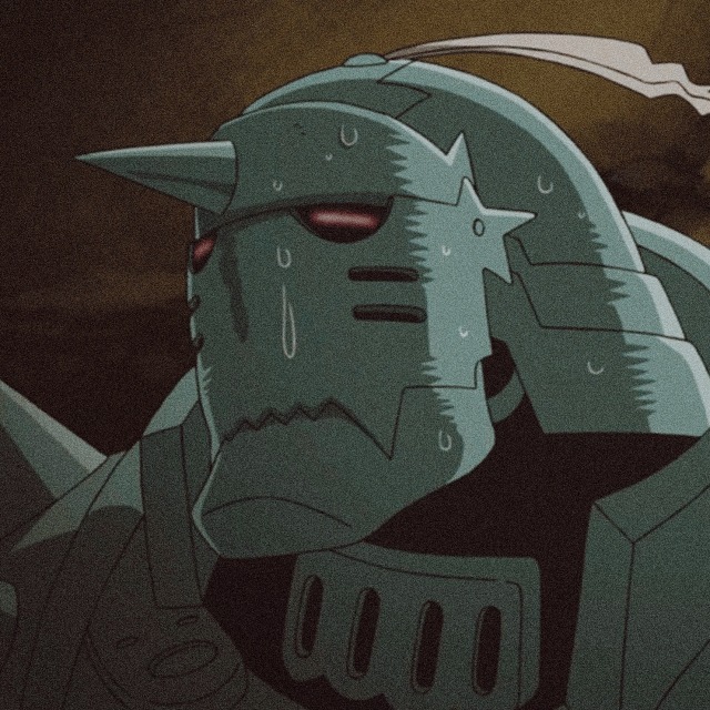 An icon of al from fullmetal alchemist. he has an exasperated expression and looks to the left. he is sweating with disappointment.