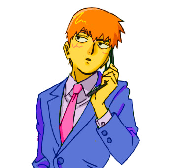 Image: Reigen with an altered color scheme. His suit is blue, his tie is more vibrant, his hair is more orange and his skin is bright yellow.