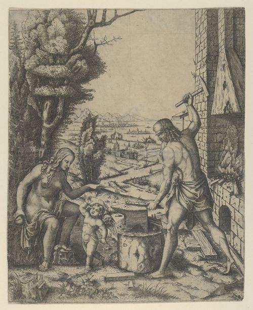 Venus Holding a Golden Apple and Arrow, Vulcan at His Forge by Marcantonio Raimondi (1505)
