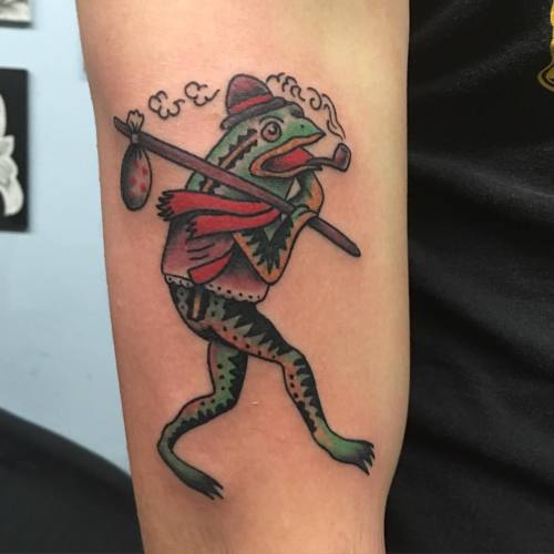 Cartoon Frog Tattoo On Girl Right Foot