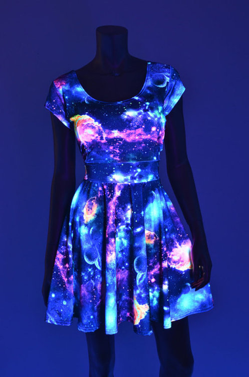 fashionofthemultiverse:UV Glow Galaxy Print Cap Sleeve Fit and Flare by CoquetryClothing