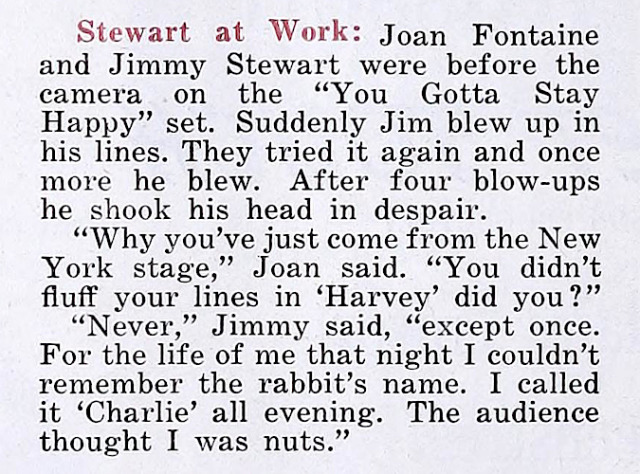 Photoplay, September 1948 #joan fontaine#james stewart #you gotta stay happy #harvey#magazine: photoplay#year: 1948#decade: 1940s #type: gossip items and anecdotes  #writer: cal york  #ph vol. 33 no. 4 48