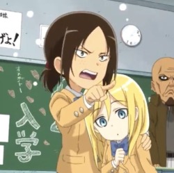 2007kaoruisdead:Smol Ymir protecting her even smoller gf in SNK Junior High 👭