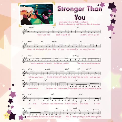 kayladrawsthings:  Another Steven Universe book I designed! This one is still upcoming, so this is a bit of a sneak preview of the inside ;). It has sheet music for most of the songs from Season 1 of Steven Universe, along with notes and tricks to help