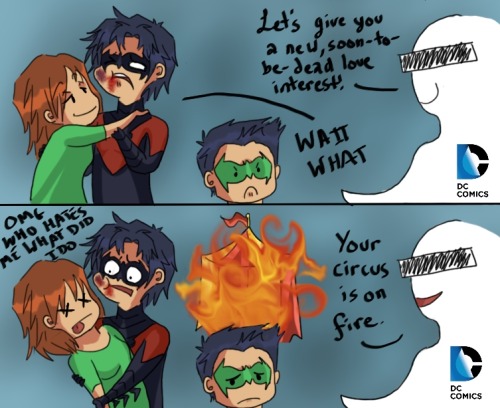 arkhamboundz:  dapandabanda:  Dick’s life sucks… well, you know. Seriously guys it’s like all the DC writers get together and say OK so Dick Grayson let’s fuck up his life real hard ok And they do. Over and over and over again.  I’m crying okay