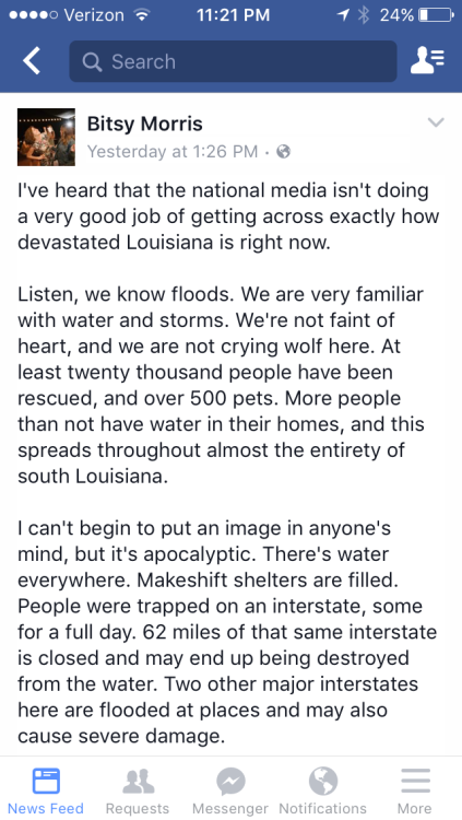 momweed:  velveteen-venus:  As per usual, the media is doing a fucking joke of a job reporting a natural disaster…meanwhile covering Trump and Clinton for 8 hours a goddamn day. If you’re looking to help out southern Louisiana, here’s how.  Items