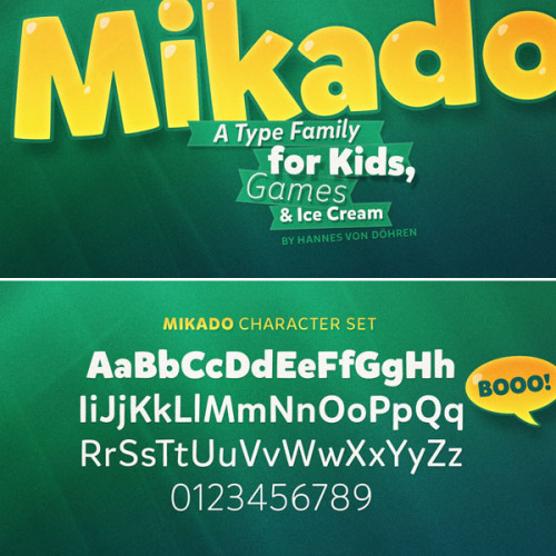 Mikado - A Kids Font Family Mikado is a brand new font created by the outstanding and well known font designer Hannes von Döhren (Font Publisher: HVD Fonts). Mikado is a lovely and casual type family for any kinds of child-friendly design. With its...