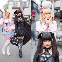 tokyology:  @KotoeSuicide and @YurikoTiger on the street in Harajuku. Kotoe Suicide is wearing Nude N’Rude, ACDC Rag, Kill Star &amp; Paris Kids. Yuriko is wearing Hello Kitty, GochiUSA, 6%DokiDoki &amp; Paris Kids. by tokyofashion 