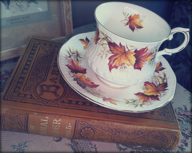 enchanting-autumn:  Vintage fall leaves teacup on an old book by eg2006 on Flickr.
