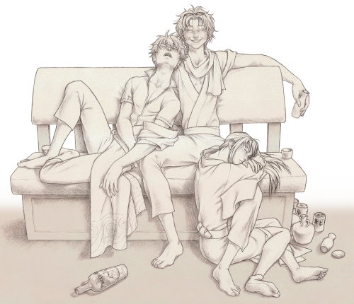 mikansei:  Good friends and a bad hangover  “Oi Tatsuma, gitoff the couch, I wanna - hic! - lay down.” "But Zura’s on my leg! If I move, he’ll wake up, and if he wakes up, he’ll be mad we let him fall asleep on the floor…” “More