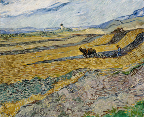 dappledwithshadow:  Vincent van GoghEnclosed Wheat Field with Ploughman, October 1889