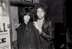 bobdylan-n-jonimitchell:Patti Smith and Bob Dylan on the night they first met, at the Bitter End, June 26, 1975. Photo by Chuck Pulin.