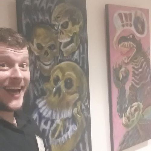 Painting Godzilla and skulls sure is relaxing…so nice to have my work up alongside a bunch of my art buddies. #artshow #paintings #painting #skulls #selfie #Godzilla #art #acrylic #malden #boston  (at Commerce Place)