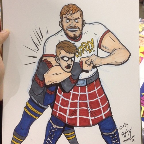 Matt as Roddy Piper putting @gibsoncomics as Spider-Boy in a headlock. Yup. #wwe #raw #heroescon #sk