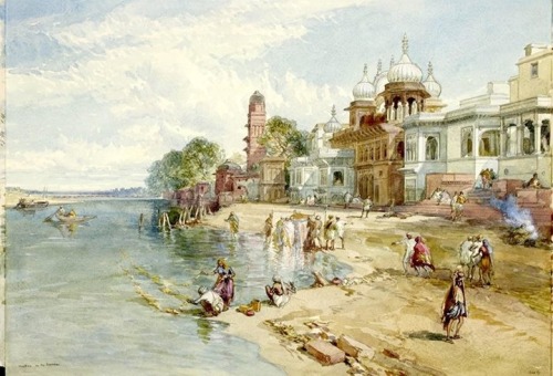 Ghats on the banks of the river Jumna, Mathura, watercolor by William Simpsom