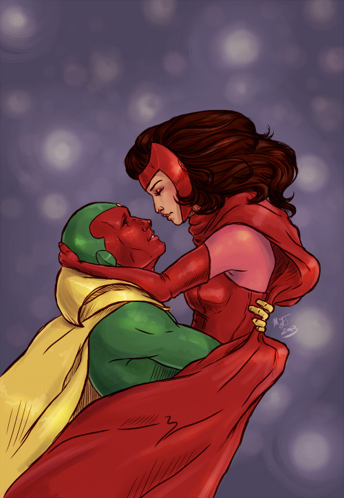thingsfortwwings:[Fanart: The Vision and Wanda Maximoff hugging each other; the Vision is lifting Wa