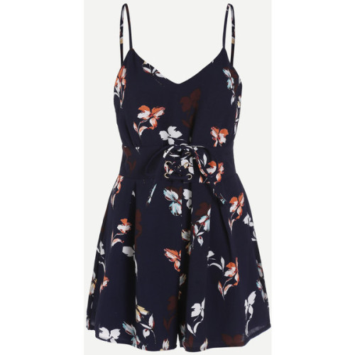 Cami Straps Lace Up Corset Floral Playsuit ❤ liked on Polyvore (see more floral jumpsuits)