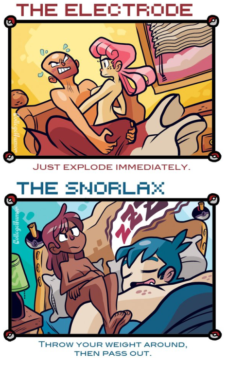 oni-sai:  ladydeadpoooool:  Pokemon sex moves (via collegehumor)  Perfect. The evolution of Magikarp though.   That Alakazam & Snorlax though X3