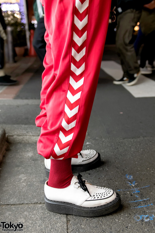 tokyo-fashion:  19-year-old Daiki on the street in Harajuku wearing a vintage Wilson jacket with Hummel pants, George Cox creepers, and a Yohji Y-3 belt-bag combo. Full Look