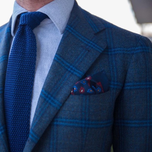 Pairing a light grey flannel shirt with a French blue knit tie Sport coat by @sartoriapanico #wiwt #