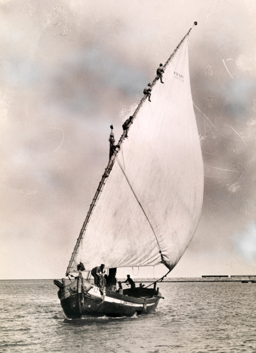 Men climb the mast of a fishing boat to furl the sail in Port Said, Egypt, 1924. Photograph by Mayna