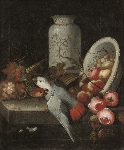 Jakob Bogdany (1660 - 1724)A pair of parrots with grapes, roses, peaches, an orange and a china vase