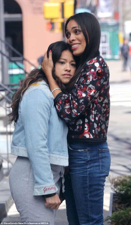 ginarodriguez-news:Gina Rodriguez and Rosario Dawson pictured on set filming ‘Someone Great&rs