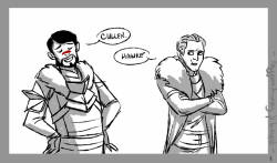 phoqingart:  Hawke: Cullen. Cullen: Hawke. Hawke: You did something new with your hair, didn’t you? It was much less… particular when you were chasing down apostate mages. You know, except me. Never me. Did you not like me, Cullen? Cullen: You were