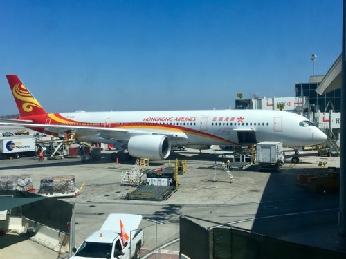 HongKong Airlines A350 LAX-HKG. At the ramp in LAX. Menu and tail camera on approach to HKG.