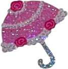 sticker of an open pink parasol, decorated with red roses and pink trim. the sticker is heavily decorated with glitter.