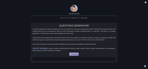 nuclearstorms:TOOL: OC QUESTIONS GENERATORa neat little generator that gives you a random question