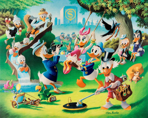 talesfromweirdland:Holiday in Duckburg (1989). A Carl Barks painting featuring a few of his original