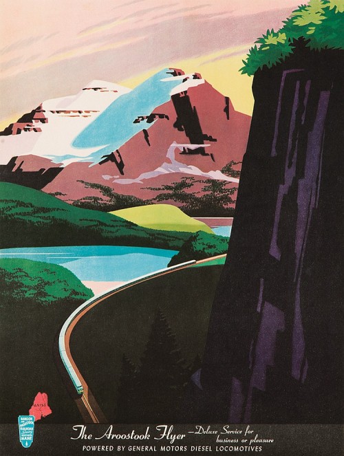 Bern Hill, artwork for Rail travel poster The Aroostook Flyer, 1950. Deluxe service for business or 