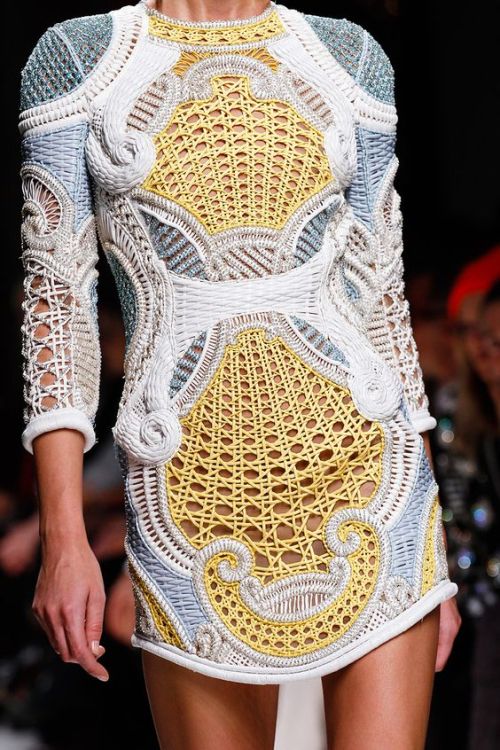 Balmain spring 2013 ready-to-wear (click to enlarge).Padded white raffia on nude tulle, inspired by 