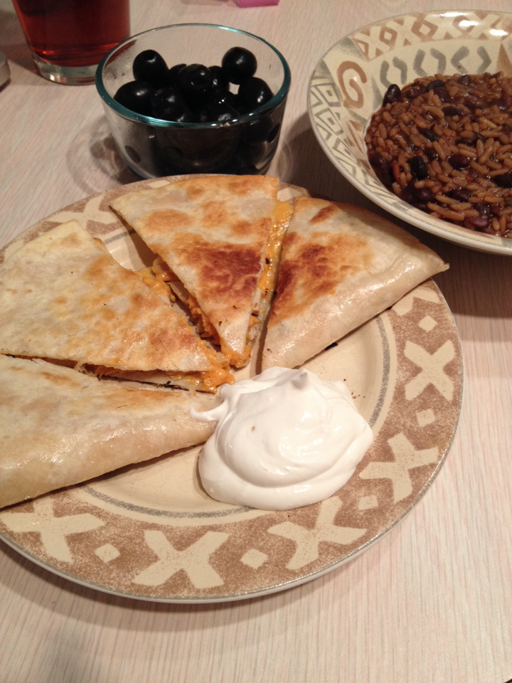 deathwingxvx:  I made chik’n quesadillas with rice and beans yoooo.
