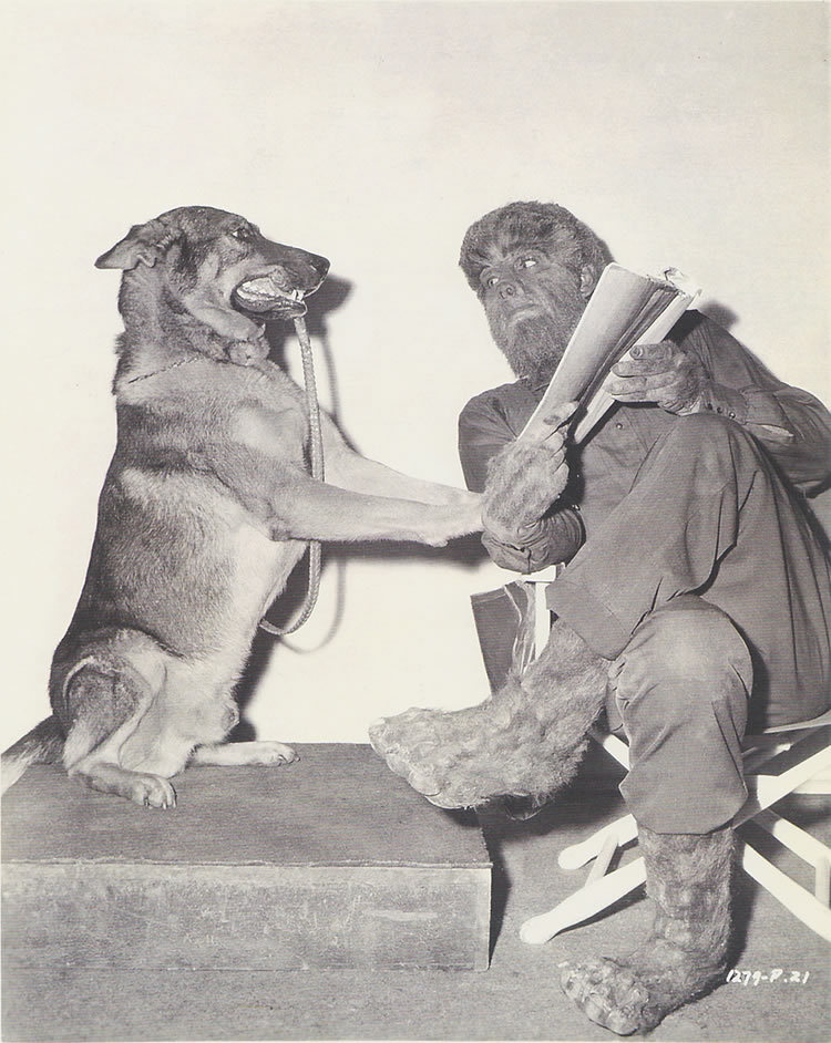 beautyandterrordance:  Lon Chaney Jr. and Moose, having a serious dog-wolf talk,