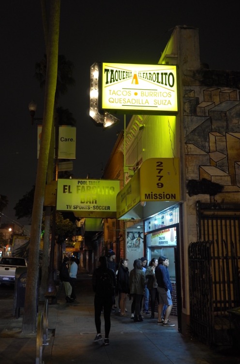 A taqueria in the Mission District at night, in San Francisco.