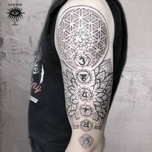 Start of a chakra half sleeve! Thanks Brandon #chakratattoo #chakra #floweroflifetattoo #sacredgeome