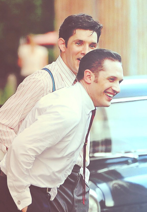 tomhardyvariations:Tom Hardy and Colin Morgan on the set of Legend in East London | 18 July 2014 