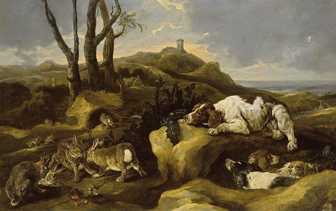 centuriespast:
“FYT, Jan
Spaniels Stalking Rabbits in the Dunes
1658
Oil on canvas, 119 x 187 cm
Private collection
”