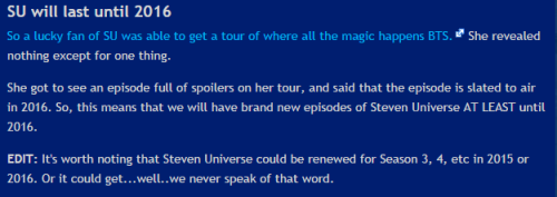 ask-pearl-the-bird-nerd:  FREAK NO! THIS IS NOT HAPPENING! (cries in the corner)   This says the show will go on to at least 2016 and will, very likely, get renewed beyond that (it has an order of 104 episodes with room for more). So I’m not sure
