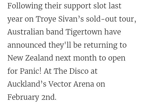 TIGERTOWN ANNOUNCED TO OPEN FOR PANIC! AT THE DISCO IN NEW ZEALAND. www.coupdemainmagazine.co