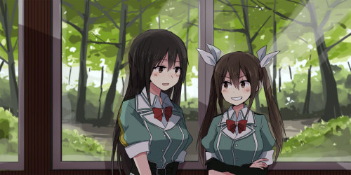 艦隊これくしょん、利根（艦これ）、筑摩（艦これ）、杏仁無双、２：１アスペクト比、にやり、リボン、ヘアリボン、ロングヘア、ツインテール、女二人、手袋、改造後（艦これ）、笑顔、縛られた髪、茶色の瞳、茶髪、複数の女性、開口、髪飾り、黒い目、黒髪