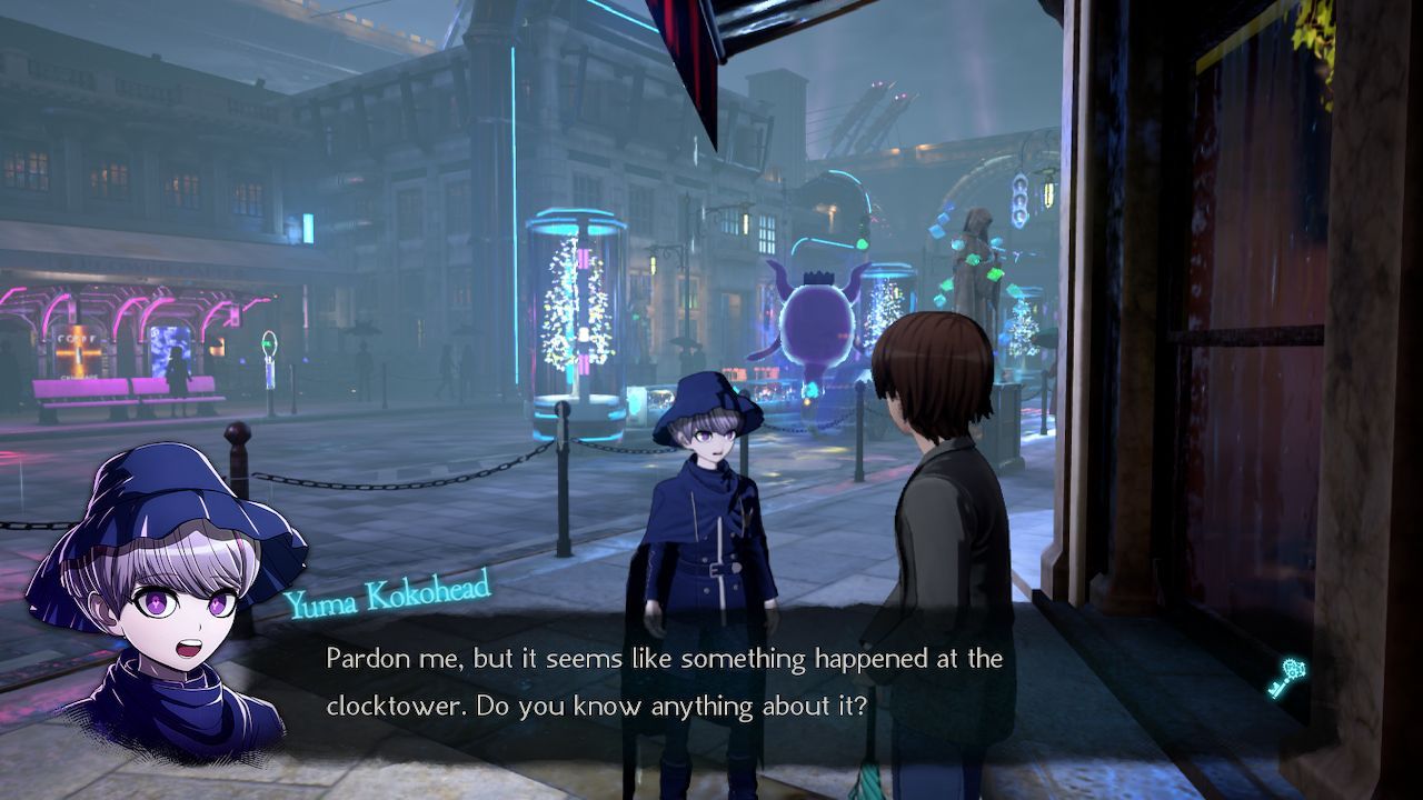 Master Detective Archives: RAIN CODE, Nintendo, Switch, Review, Neon lights, city, gloomy, ghost, dialogue, mystery