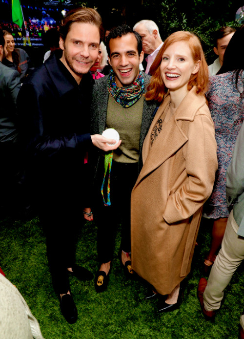 Daniel Bruhl, Danell Leyva and Jessica Chastain attend The 6th Annual &ldquo;Gold Meets Golden&rdquo