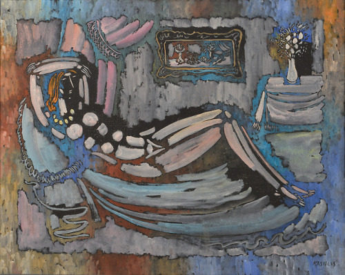 amare-habeo:Vytautas Kasiulis (Lithuanian, 1918–1995)Woman lying on a sofa, N/DPastel on canva